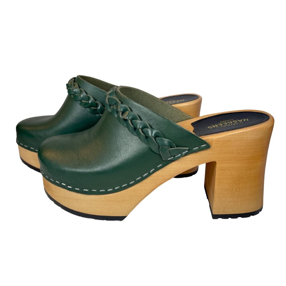 Swedish Hasbeens Dark Green Sky High Laila Braided Leather Clog Size 7.5 (38)